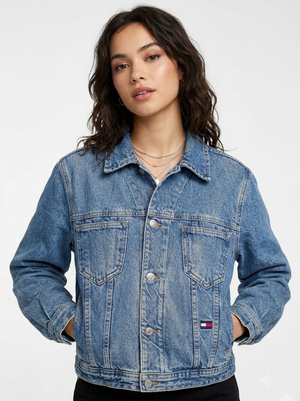 Vtg 90s Tommy Hilfiger Big Flag Denim Jacket M Cropped Boxy Streetwear Canada